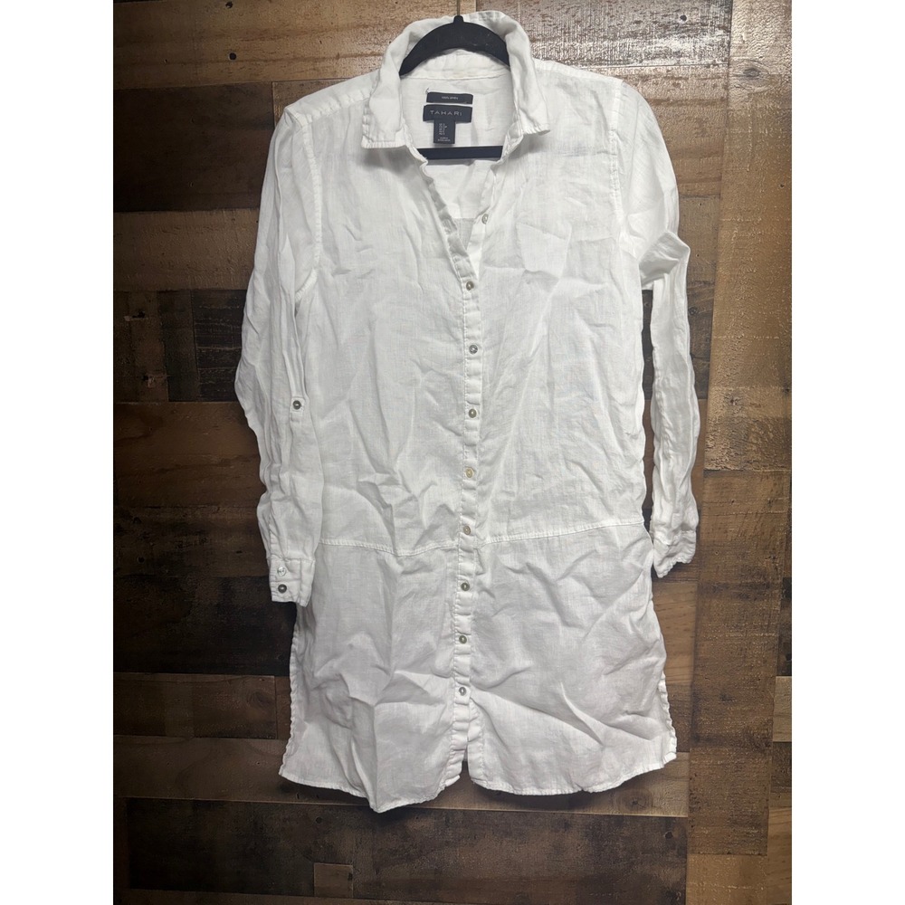 Tahari White 100% Linen Roll Tab Sleeve Button Down Tunic Shirt Small